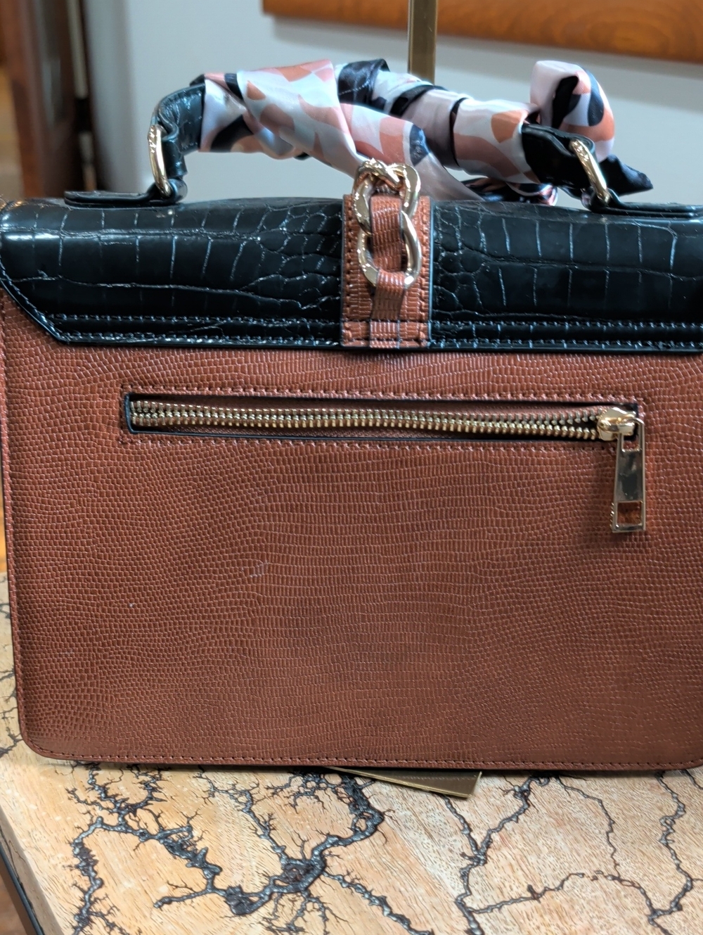 Aldo Tri-Texture Satchel in Black, White & Brown Comes With Detachable Strap - Picture 2 of 3